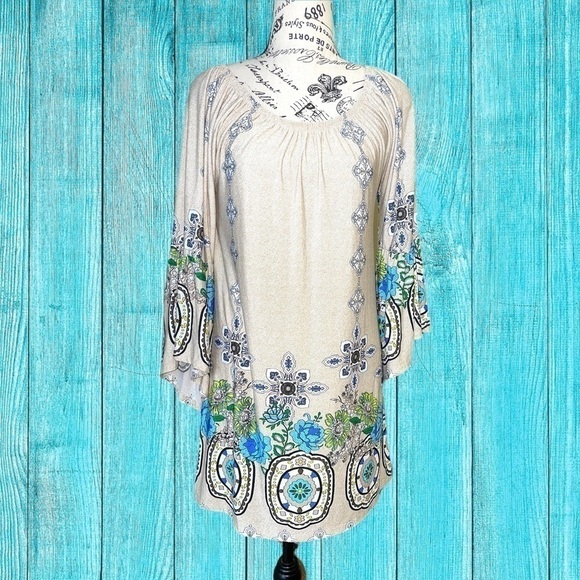 Women’s Small Boho Vintage Floral Off Shoulder Bell Sleeve Mini Dress/Tunic Top - Picture 2 of 11